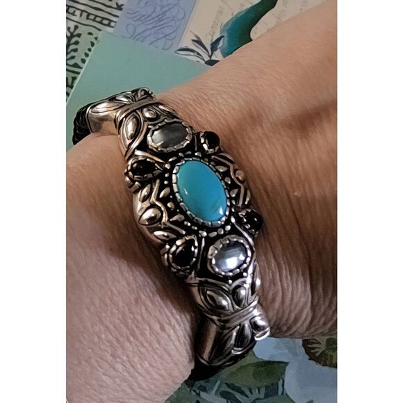 CAROLYN POLLACK RELIOS 925SS Turquoise~Amethyst~Abalone Leather Cuff Bracelet - Picture 6 of 6